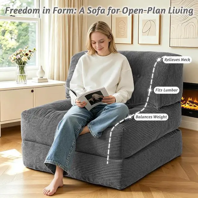 Alt view image 4 of 7 - Folding Sofa Bed, Convertible Sleeper Chair Bed with Pillow, Foldable Mattress with Back Support, Portable Single Couch Comfy Floor Sofa Lounge for Living Room, Bedroom, Office (Dark Gray)