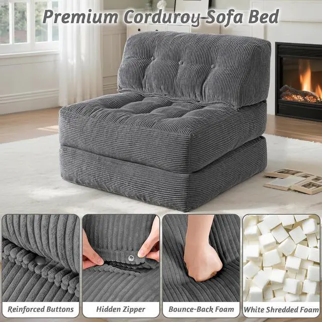 Alt view image 5 of 7 - Folding Sofa Bed, Convertible Sleeper Chair Bed with Pillow, Foldable Mattress with Back Support, Portable Single Couch Comfy Floor Sofa Lounge for Living Room, Bedroom, Office (Dark Gray)