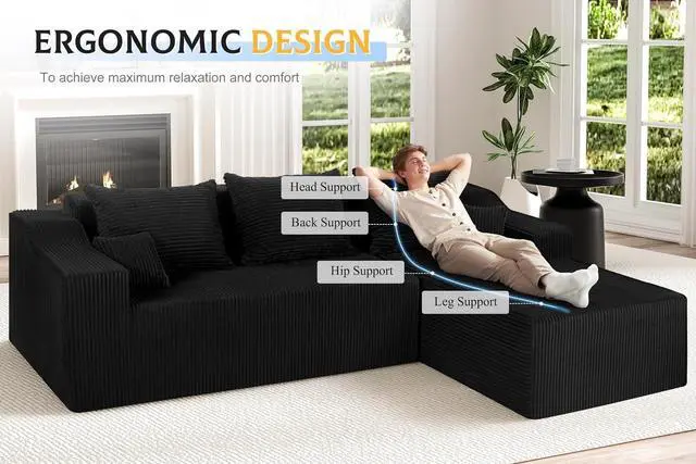 Alt view image 3 of 7 - 105" Modular Sectional Couches for Living Room, Boneless Couch with L-Shape Chaise,Comfy Sofa Living Room Sofas with Deep Seat,No Assembly, Corduroy Fabric(Black,Right)