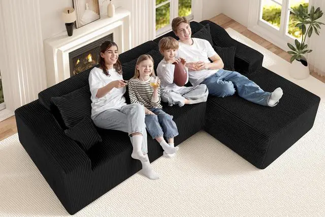 Alt view image 4 of 7 - 105" Modular Sectional Couches for Living Room, Boneless Couch with L-Shape Chaise,Comfy Sofa Living Room Sofas with Deep Seat,No Assembly, Corduroy Fabric(Black,Right)