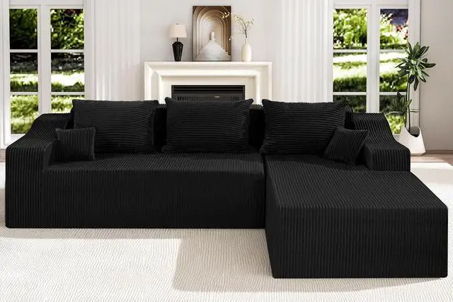Alt view image 6 of 7 - 105" Modular Sectional Couches for Living Room, Boneless Couch with L-Shape Chaise,Comfy Sofa Living Room Sofas with Deep Seat,No Assembly, Corduroy Fabric(Black,Right)