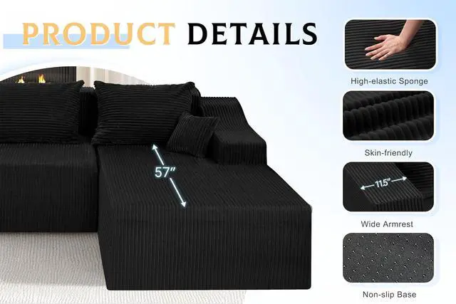 Alt view image 7 of 7 - 105" Modular Sectional Couches for Living Room, Boneless Couch with L-Shape Chaise,Comfy Sofa Living Room Sofas with Deep Seat,No Assembly, Corduroy Fabric(Black,Right)