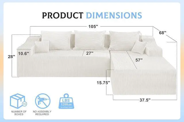 Alt view image 2 of 7 - 105" Modular Sectional Couches for Living Room, Boneless Couch with L-Shape Chaise,Comfy Sofa Living Room Sofas with Deep Seat,No Assembly, Corduroy Fabric(Beige,Right)