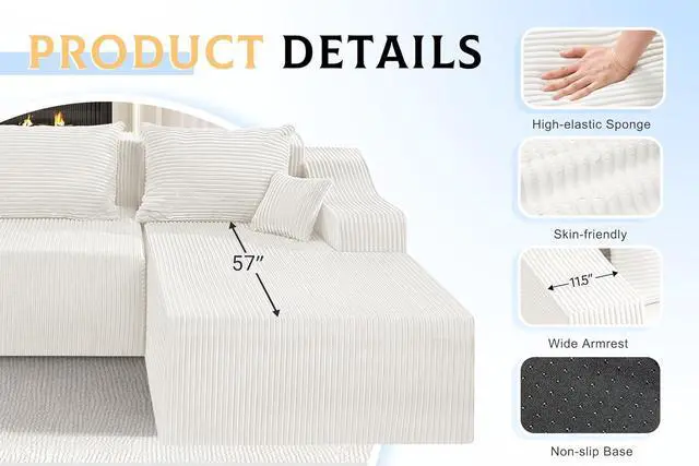 Alt view image 6 of 7 - 105" Modular Sectional Couches for Living Room, Boneless Couch with L-Shape Chaise,Comfy Sofa Living Room Sofas with Deep Seat,No Assembly, Corduroy Fabric(Beige,Right)