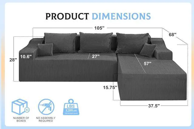 Alt view image 2 of 7 - 105" Modular Sectional Couches for Living Room, Boneless Couch with L-Shape Chaise,Comfy Sofa Living Room Sofas with Deep Seat,No Assembly, Corduroy Fabric(Grey,Right)