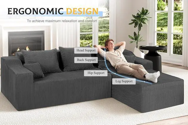 Alt view image 3 of 7 - 105" Modular Sectional Couches for Living Room, Boneless Couch with L-Shape Chaise,Comfy Sofa Living Room Sofas with Deep Seat,No Assembly, Corduroy Fabric(Grey,Right)