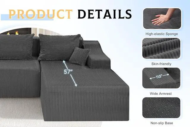 Alt view image 7 of 7 - 105" Modular Sectional Couches for Living Room, Boneless Couch with L-Shape Chaise,Comfy Sofa Living Room Sofas with Deep Seat,No Assembly, Corduroy Fabric(Grey,Right)