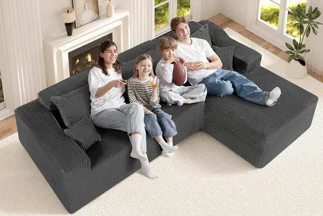 Alt view image 4 of 7 - 105" Modular Sectional Couches for Living Room, Boneless Couch with L-Shape Chaise,Comfy Sofa Living Room Sofas with Deep Seat,No Assembly, Corduroy Fabric(Grey,Right)