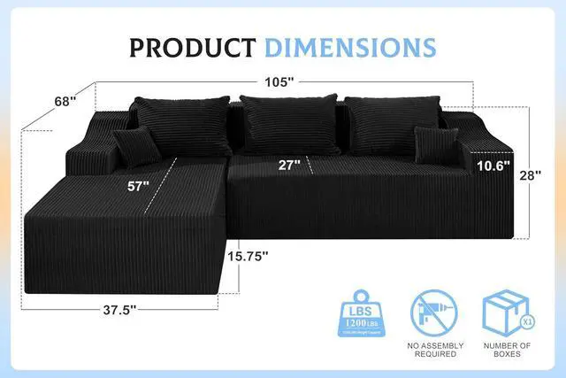 Alt view image 2 of 7 - 105" Modular Sectional Couches for Living Room, Boneless Couch with L-Shape Chaise,Comfy Sofa Living Room Sofas with Deep Seat,No Assembly, Corduroy Fabric(Black,Left)