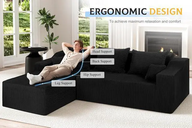 Alt view image 3 of 7 - 105" Modular Sectional Couches for Living Room, Boneless Couch with L-Shape Chaise,Comfy Sofa Living Room Sofas with Deep Seat,No Assembly, Corduroy Fabric(Black,Left)