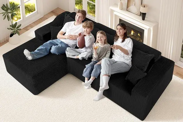 Alt view image 4 of 7 - 105" Modular Sectional Couches for Living Room, Boneless Couch with L-Shape Chaise,Comfy Sofa Living Room Sofas with Deep Seat,No Assembly, Corduroy Fabric(Black,Left)