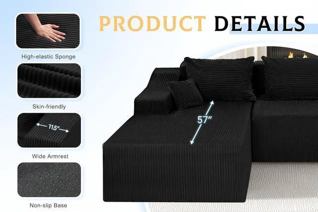 Alt view image 6 of 7 - 105" Modular Sectional Couches for Living Room, Boneless Couch with L-Shape Chaise,Comfy Sofa Living Room Sofas with Deep Seat,No Assembly, Corduroy Fabric(Black,Left)