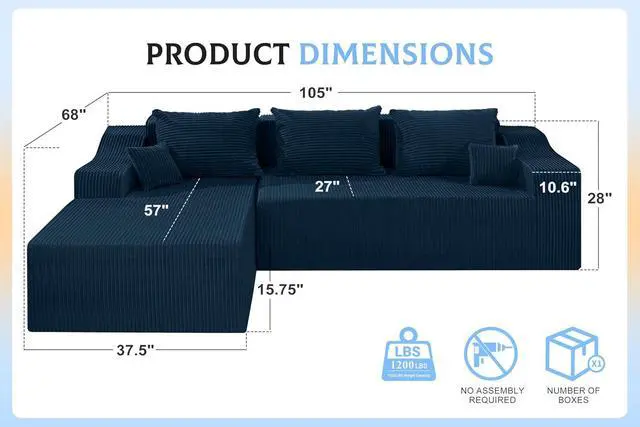 Alt view image 2 of 7 - 105" Modular Sectional Couches for Living Room, Boneless Couch with L-Shape Chaise,Comfy Sofa Living Room Sofas with Deep Seat,No Assembly, Corduroy Fabric(Blue,Left)