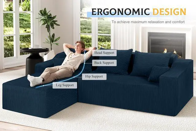 Alt view image 3 of 7 - 105" Modular Sectional Couches for Living Room, Boneless Couch with L-Shape Chaise,Comfy Sofa Living Room Sofas with Deep Seat,No Assembly, Corduroy Fabric(Blue,Left)