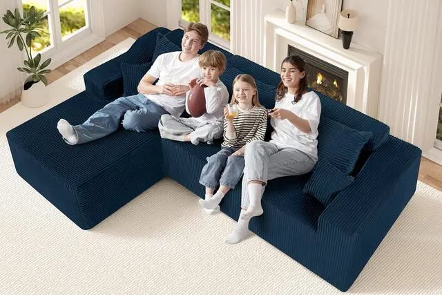 Alt view image 4 of 7 - 105" Modular Sectional Couches for Living Room, Boneless Couch with L-Shape Chaise,Comfy Sofa Living Room Sofas with Deep Seat,No Assembly, Corduroy Fabric(Blue,Left)
