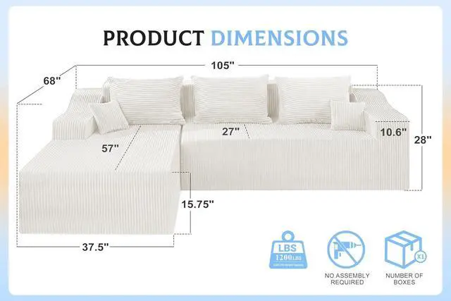 Alt view image 2 of 7 - 105" Modular Sectional Couches for Living Room, Boneless Couch with L-Shape Chaise,Comfy Sofa Living Room Sofas with Deep Seat,No Assembly, Corduroy Fabric(Beige,Left)