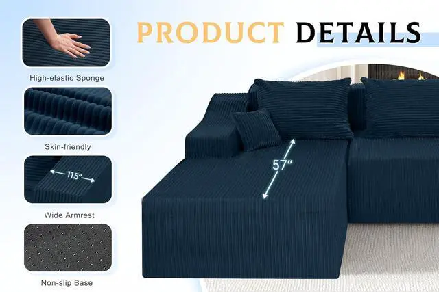 Alt view image 7 of 7 - 105" Modular Sectional Couches for Living Room, Boneless Couch with L-Shape Chaise,Comfy Sofa Living Room Sofas with Deep Seat,No Assembly, Corduroy Fabric(Blue,Left)