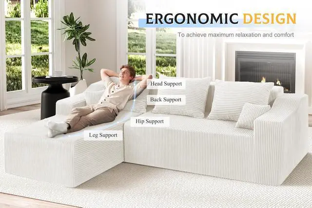 Alt view image 3 of 7 - 105" Modular Sectional Couches for Living Room, Boneless Couch with L-Shape Chaise,Comfy Sofa Living Room Sofas with Deep Seat,No Assembly, Corduroy Fabric(Beige,Left)