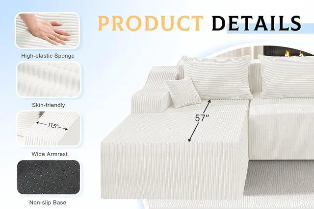 Alt view image 5 of 7 - 105" Modular Sectional Couches for Living Room, Boneless Couch with L-Shape Chaise,Comfy Sofa Living Room Sofas with Deep Seat,No Assembly, Corduroy Fabric(Beige,Left)