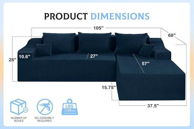 Alt view image 2 of 7 - 105" Modular Sectional Couches for Living Room, Boneless Couch with L-Shape Chaise,Comfy Sofa Living Room Sofas with Deep Seat,No Assembly, Corduroy Fabric(Blue,Right)