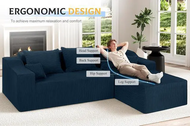 Alt view image 3 of 7 - 105" Modular Sectional Couches for Living Room, Boneless Couch with L-Shape Chaise,Comfy Sofa Living Room Sofas with Deep Seat,No Assembly, Corduroy Fabric(Blue,Right)