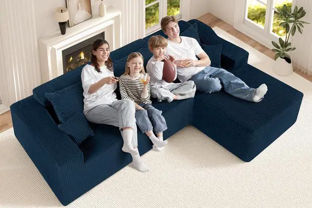 Alt view image 4 of 7 - 105" Modular Sectional Couches for Living Room, Boneless Couch with L-Shape Chaise,Comfy Sofa Living Room Sofas with Deep Seat,No Assembly, Corduroy Fabric(Blue,Right)