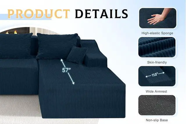 Alt view image 7 of 7 - 105" Modular Sectional Couches for Living Room, Boneless Couch with L-Shape Chaise,Comfy Sofa Living Room Sofas with Deep Seat,No Assembly, Corduroy Fabric(Blue,Right)