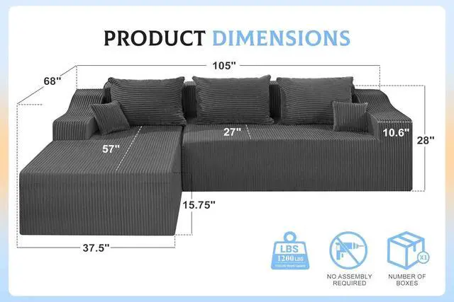 Alt view image 2 of 7 - 105" Modular Sectional Couches for Living Room, Boneless Couch with L-Shape Chaise,Comfy Sofa Living Room Sofas with Deep Seat,No Assembly, Corduroy Fabric(Grey,Left)