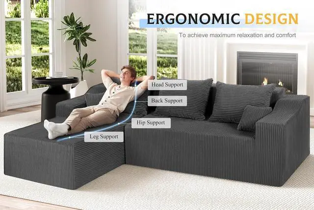 Alt view image 3 of 7 - 105" Modular Sectional Couches for Living Room, Boneless Couch with L-Shape Chaise,Comfy Sofa Living Room Sofas with Deep Seat,No Assembly, Corduroy Fabric(Grey,Left)