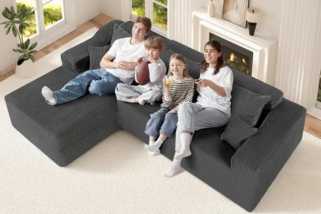 Alt view image 4 of 7 - 105" Modular Sectional Couches for Living Room, Boneless Couch with L-Shape Chaise,Comfy Sofa Living Room Sofas with Deep Seat,No Assembly, Corduroy Fabric(Grey,Left)