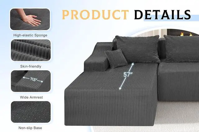 Alt view image 7 of 7 - 105" Modular Sectional Couches for Living Room, Boneless Couch with L-Shape Chaise,Comfy Sofa Living Room Sofas with Deep Seat,No Assembly, Corduroy Fabric(Grey,Left)