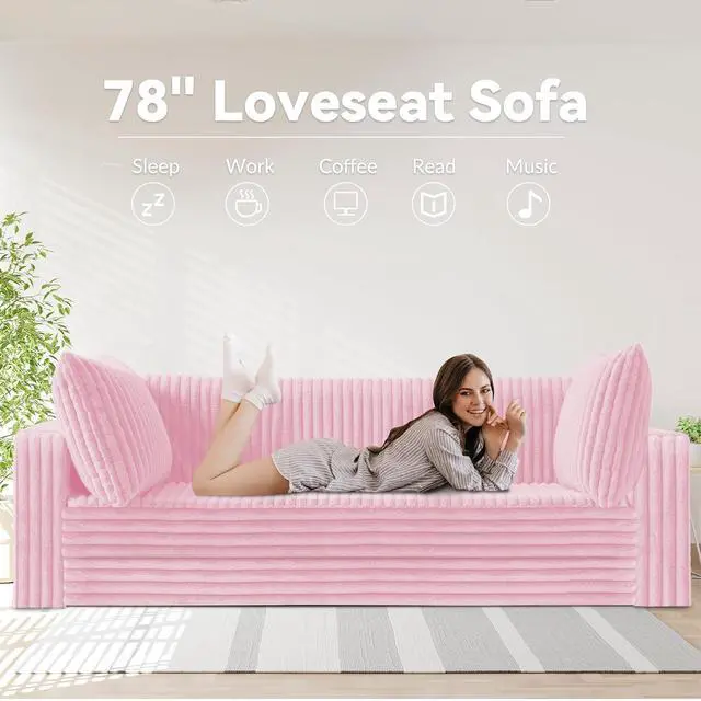Alt view image 3 of 7 - 78" Loveseat Boneless Couch, 4-in-1 Convertible Sofa Bed, Plush Fur Folding Futon Sofa Bed Couches with 2 Pillows for Living Room, High-Density Foam Support, No Assembly Required, Pink