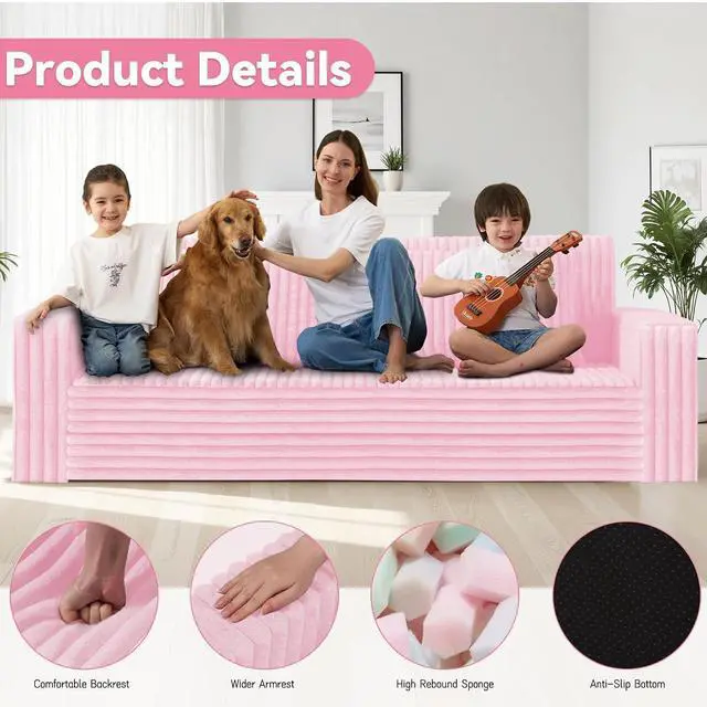 Alt view image 4 of 7 - 78" Loveseat Boneless Couch, 4-in-1 Convertible Sofa Bed, Plush Fur Folding Futon Sofa Bed Couches with 2 Pillows for Living Room, High-Density Foam Support, No Assembly Required, Pink