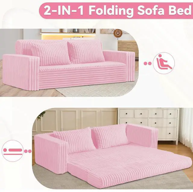 Alt view image 5 of 7 - 78" Loveseat Boneless Couch, 4-in-1 Convertible Sofa Bed, Plush Fur Folding Futon Sofa Bed Couches with 2 Pillows for Living Room, High-Density Foam Support, No Assembly Required, Pink