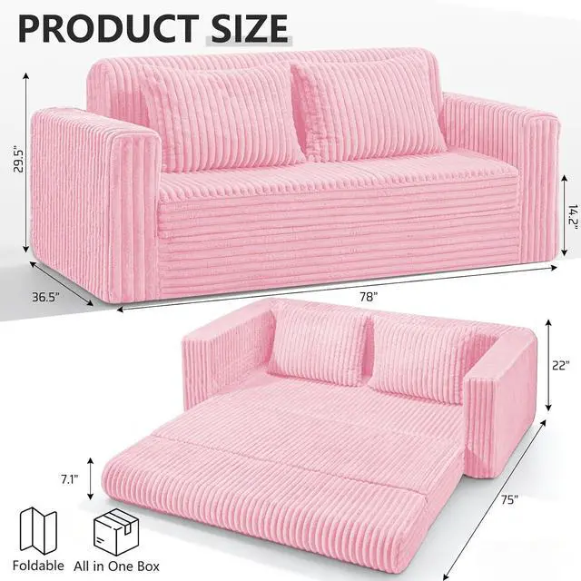 Alt view image 2 of 7 - 78" Loveseat Boneless Couch, 4-in-1 Convertible Sofa Bed, Plush Fur Folding Futon Sofa Bed Couches with 2 Pillows for Living Room, High-Density Foam Support, No Assembly Required, Pink