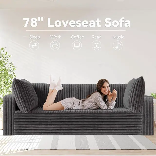 Alt view image 3 of 7 - 78" Loveseat Boneless Couch, 4-in-1 Convertible Sofa Bed, Plush Fur Folding Futon Sofa Bed Couches with 2 Pillows for Living Room, High-Density Foam Support, No Assembly Required, Grey