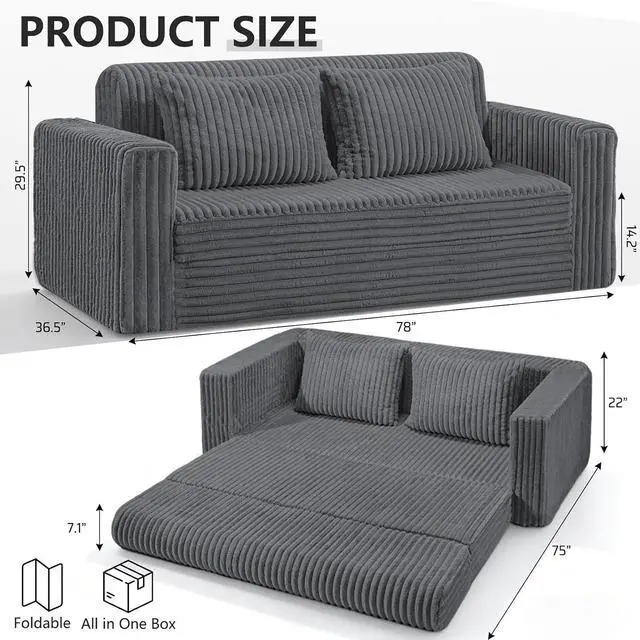 Alt view image 2 of 7 - 78" Loveseat Boneless Couch, 4-in-1 Convertible Sofa Bed, Plush Fur Folding Futon Sofa Bed Couches with 2 Pillows for Living Room, High-Density Foam Support, No Assembly Required, Grey