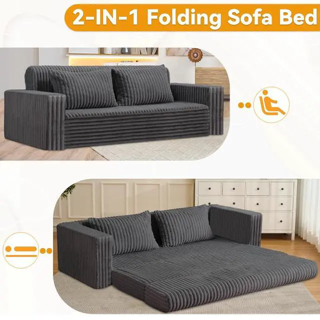 Alt view image 5 of 7 - 78" Loveseat Boneless Couch, 4-in-1 Convertible Sofa Bed, Plush Fur Folding Futon Sofa Bed Couches with 2 Pillows for Living Room, High-Density Foam Support, No Assembly Required, Grey