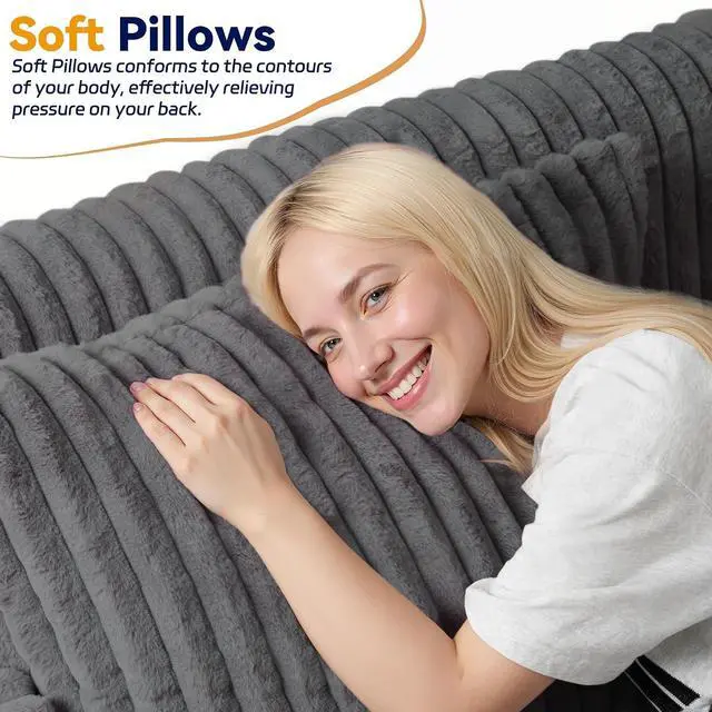 Alt view image 7 of 7 - 78" Loveseat Boneless Couch, 4-in-1 Convertible Sofa Bed, Plush Fur Folding Futon Sofa Bed Couches with 2 Pillows for Living Room, High-Density Foam Support, No Assembly Required, Grey