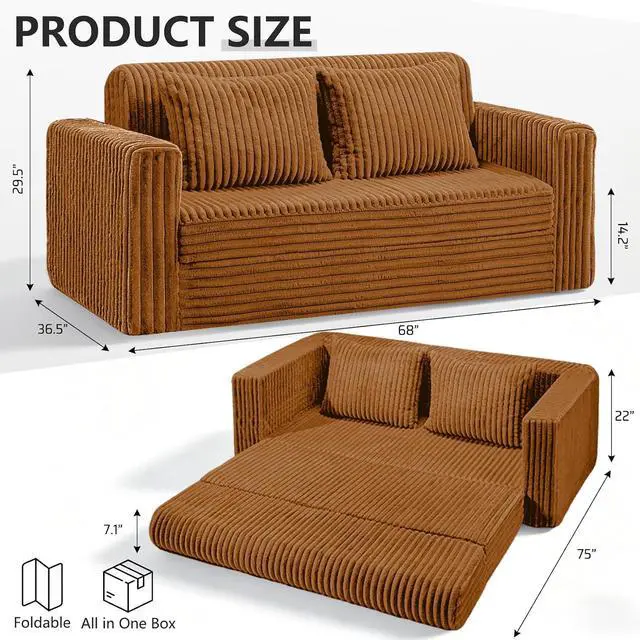 Alt view image 2 of 7 - 68" Loveseat Boneless Couch, 4-in-1 Convertible Sofa Bed, Plush Fur Folding Futon Sofa Bed Couches with 2 Pillows for Living Room, High-Density Foam Support, No Assembly Required, Orange