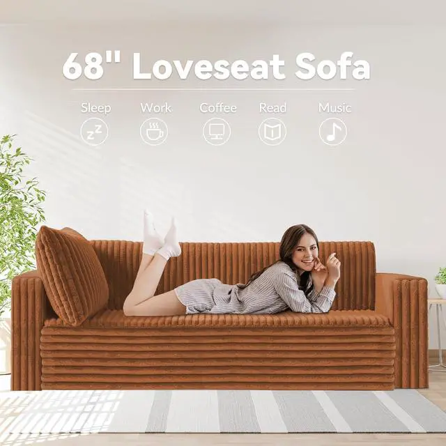 Alt view image 3 of 7 - 68" Loveseat Boneless Couch, 4-in-1 Convertible Sofa Bed, Plush Fur Folding Futon Sofa Bed Couches with 2 Pillows for Living Room, High-Density Foam Support, No Assembly Required, Orange
