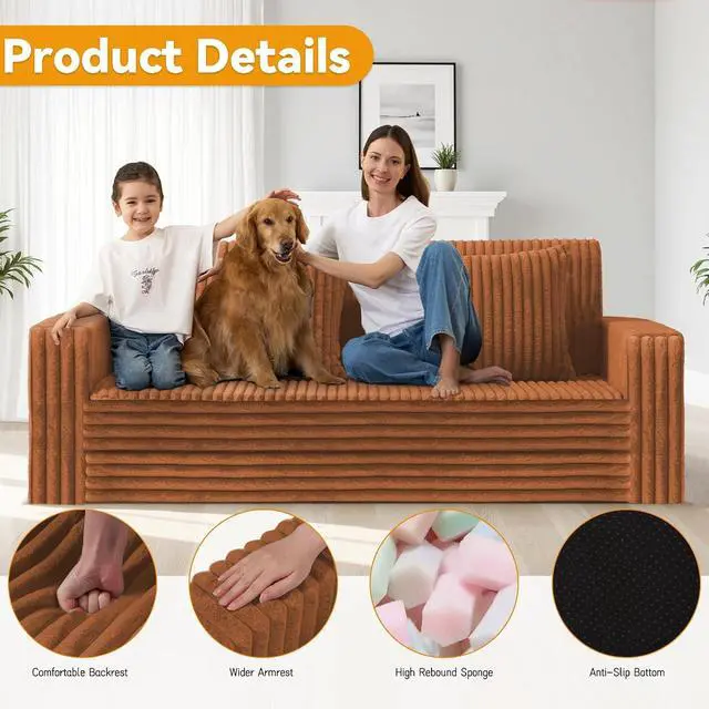 Alt view image 4 of 7 - 68" Loveseat Boneless Couch, 4-in-1 Convertible Sofa Bed, Plush Fur Folding Futon Sofa Bed Couches with 2 Pillows for Living Room, High-Density Foam Support, No Assembly Required, Orange