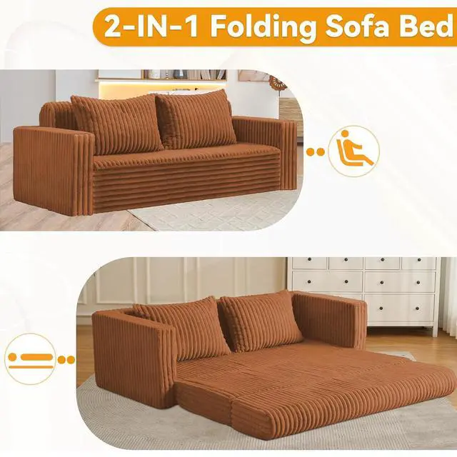Alt view image 5 of 7 - 68" Loveseat Boneless Couch, 4-in-1 Convertible Sofa Bed, Plush Fur Folding Futon Sofa Bed Couches with 2 Pillows for Living Room, High-Density Foam Support, No Assembly Required, Orange