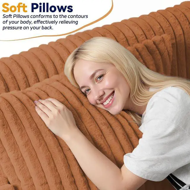 Alt view image 7 of 7 - 78" Loveseat Boneless Couch, 4-in-1 Convertible Sofa Bed, Plush Fur Folding Futon Sofa Bed Couches with 2 Pillows for Living Room, High-Density Foam Support, No Assembly Required, Orange