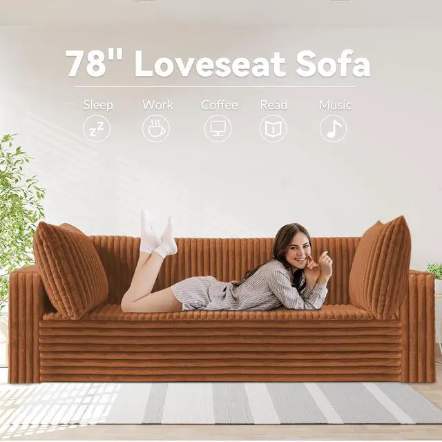 Alt view image 3 of 7 - 78" Loveseat Boneless Couch, 4-in-1 Convertible Sofa Bed, Plush Fur Folding Futon Sofa Bed Couches with 2 Pillows for Living Room, High-Density Foam Support, No Assembly Required, Orange