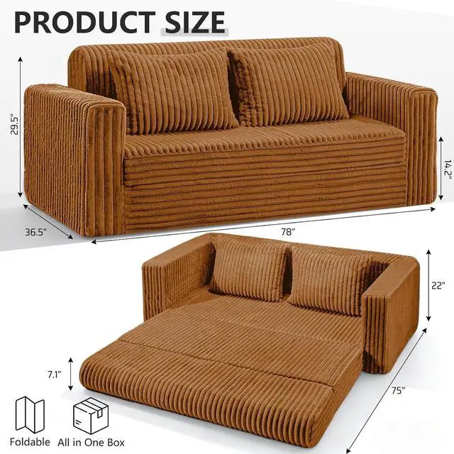 Alt view image 2 of 7 - 78" Loveseat Boneless Couch, 4-in-1 Convertible Sofa Bed, Plush Fur Folding Futon Sofa Bed Couches with 2 Pillows for Living Room, High-Density Foam Support, No Assembly Required, Orange