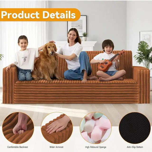 Alt view image 4 of 7 - 78" Loveseat Boneless Couch, 4-in-1 Convertible Sofa Bed, Plush Fur Folding Futon Sofa Bed Couches with 2 Pillows for Living Room, High-Density Foam Support, No Assembly Required, Orange
