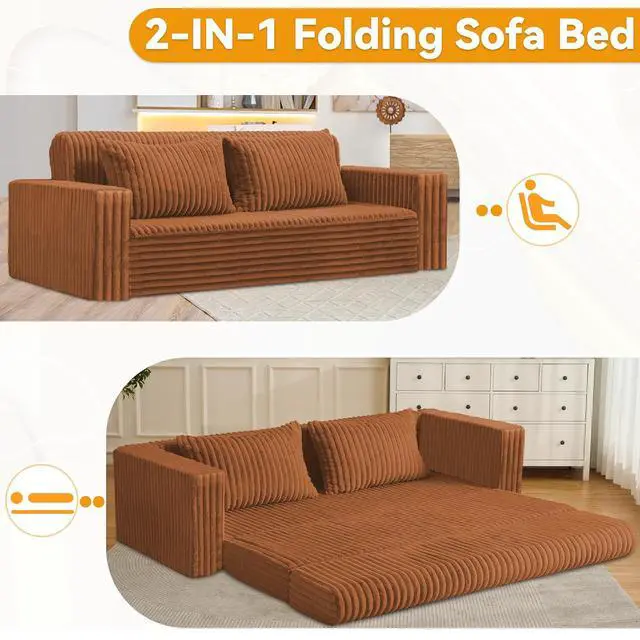 Alt view image 5 of 7 - 78" Loveseat Boneless Couch, 4-in-1 Convertible Sofa Bed, Plush Fur Folding Futon Sofa Bed Couches with 2 Pillows for Living Room, High-Density Foam Support, No Assembly Required, Orange