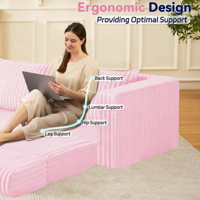Alt view image 6 of 7 - 78" Loveseat Boneless Couch, 4-in-1 Convertible Sofa Bed, Plush Fur Folding Futon Sofa Bed Couches with 2 Pillows for Living Room, High-Density Foam Support, No Assembly Required, Pink