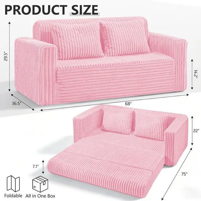 Alt view image 2 of 7 - 68" Loveseat Boneless Couch, 4-in-1 Convertible Sofa Bed, Plush Fur Folding Futon Sofa Bed Couches with 2 Pillows for Living Room, High-Density Foam Support, No Assembly Required, Pink
